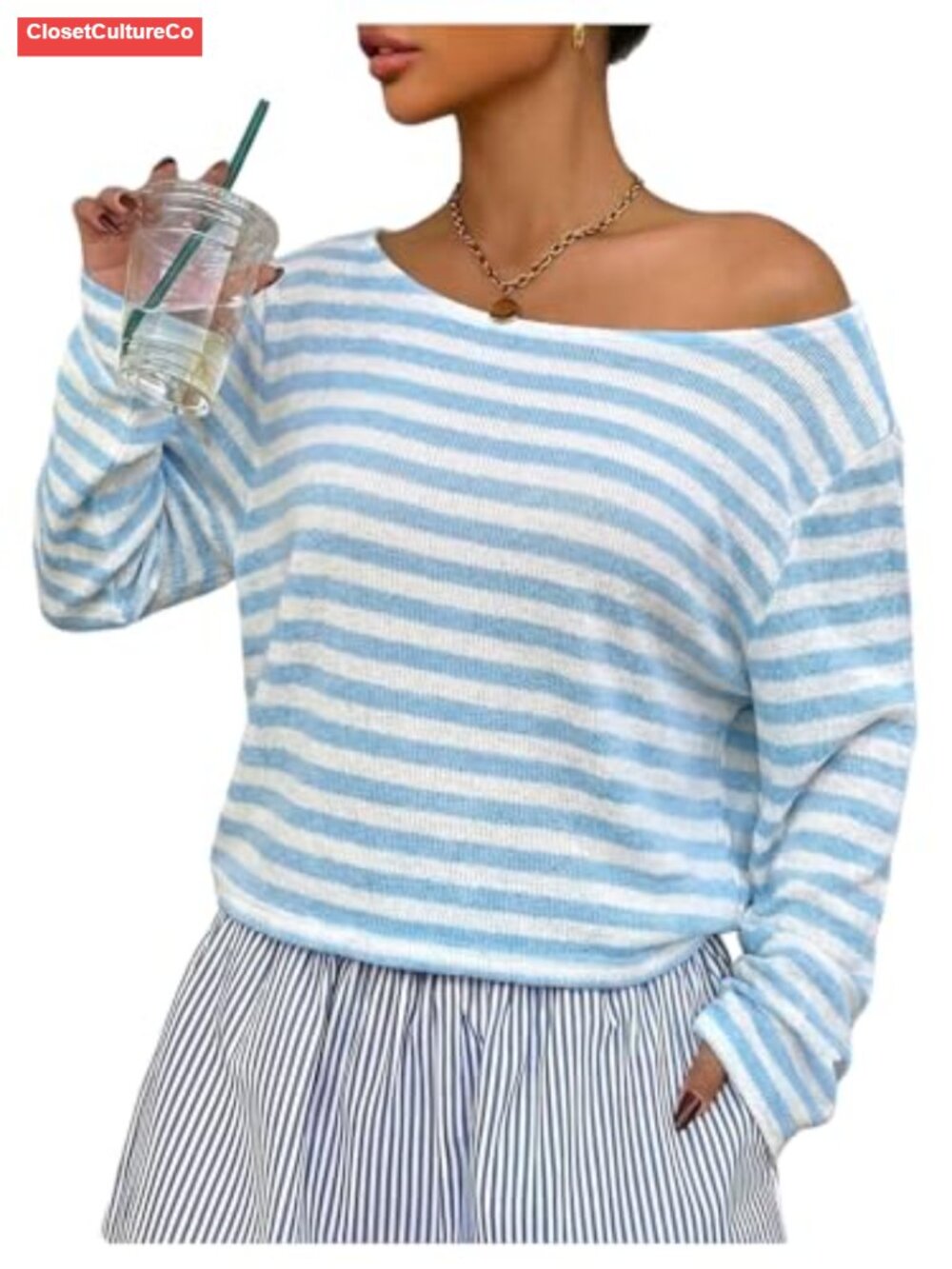 Women's Striped Off Shoulder Oversized Knit Top Long Sleeve Boat Neck